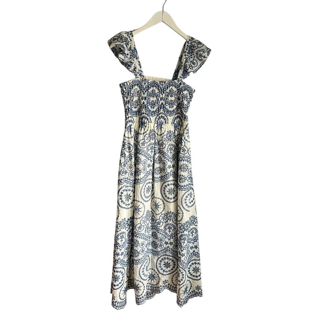 Zara Blue White Paisley Print Ruffle Strap Tiered Midi Dress Boho Womens M‎